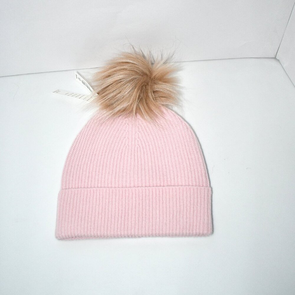 SASSO + SMYTH Ribbed Cuff Faux Fur Pom Beanie in Pink #F42HS500 NWT